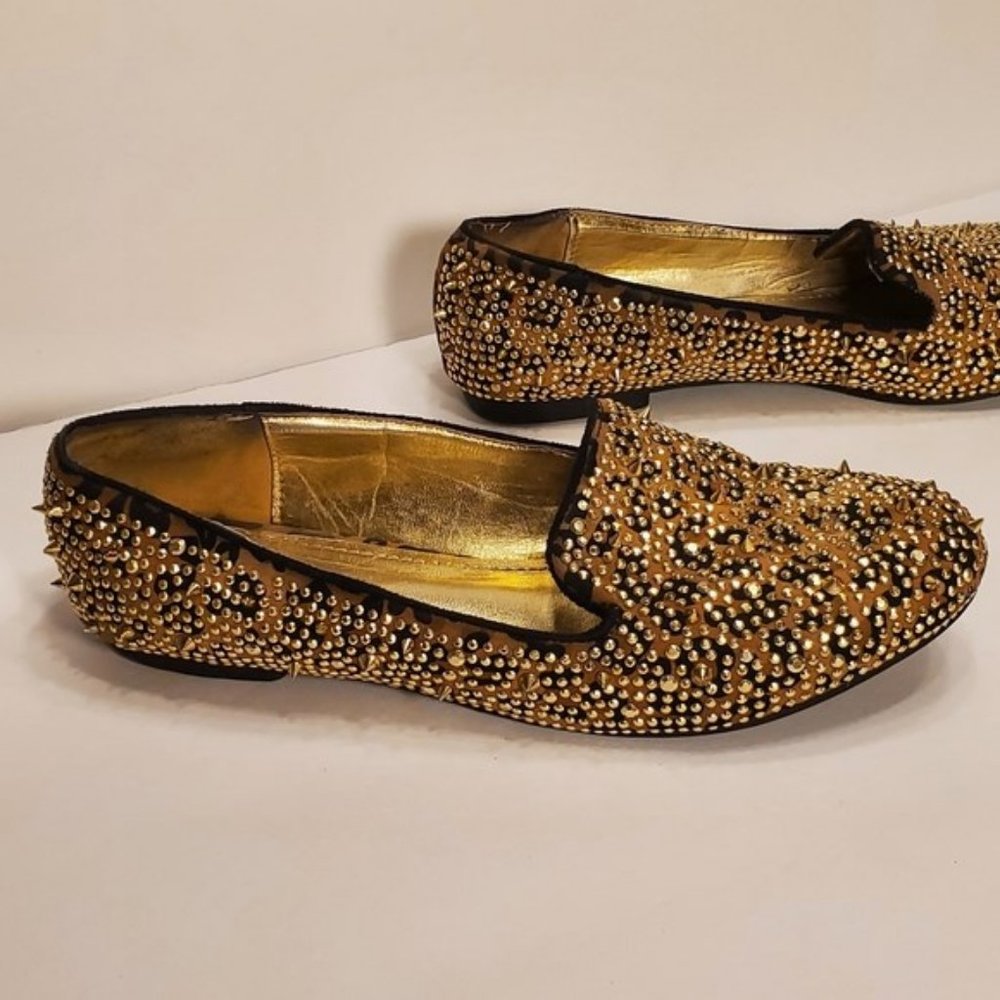 Shiekh Spiked & Studded Leopard Velvet Flats Sz 9